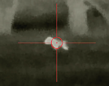 A good example of a “double whammy.” Dense fog filled the night air with moisture, along with a magnification of nine, causing this pixilated image of a coyote.